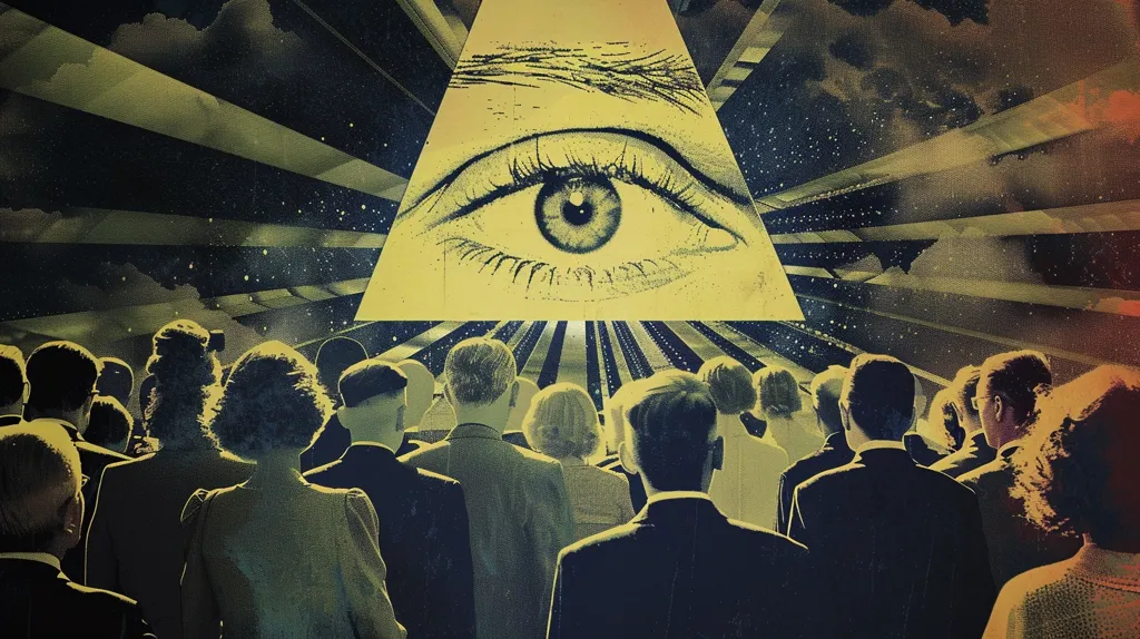 The image depicts a crowd of people standing in front of a giant eye, set within a triangle, radiating beams of light. The eye is positioned in the center of the image, seemingly observing the crowd below.  The overall tone is dark and mysterious, suggesting a sense of surveillance and the unseen forces that may be at play. The image's composition and imagery evoke a feeling of unease and intrigue.