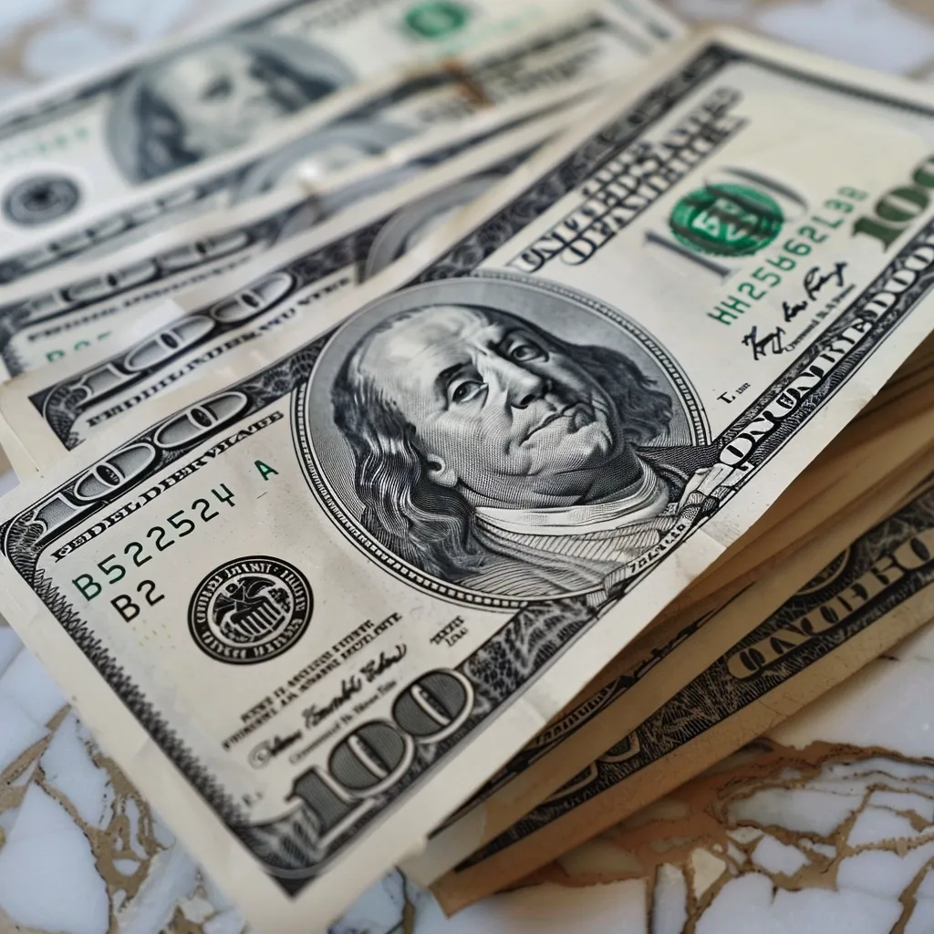 A stack of US $100 bills, featuring Benjamin Franklin's portrait, is displayed on a marbled surface. The top bill is unfolded, revealing the serial number and security features. The stack is composed of multiple bills, creating a layered effect.  The image suggests wealth and financial prosperity.