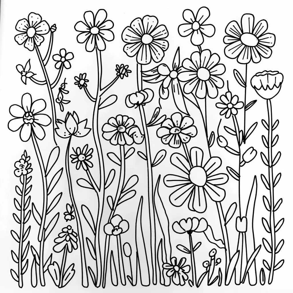 The image is a black and white illustration of a field of flowers. There are many different types of flowers, all with simple, cartoonish designs. The flowers are arranged in a row, with their stems extending to the bottom of the image. The flowers are all facing towards the viewer. The image is minimalist and simplistic, with no shading or color. It is a good example of line art.