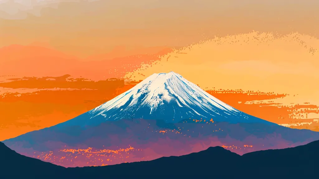 The image depicts Mount Fuji, a snow-capped volcano in Japan, at sunrise. The sky is a vibrant orange, with streaks of pink and purple, creating a beautiful contrast against the mountain's white peak and blue slopes. The image is stylized, with a pixelated effect that gives it a digital art feel.  The silhouette of surrounding hills adds depth to the composition.  The overall effect is one of serenity and beauty.