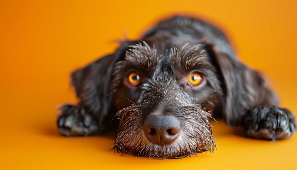 A black dog with a white beard lies on a bright orange surface, its head resting on its paws.  The dog looks directly at the camera with large, amber eyes.  The dog's soft, furry snout is in focus, while the rest of its body is blurred, creating a sense of depth.  The contrasting colors of the dog's fur and the background highlight the dog's features.