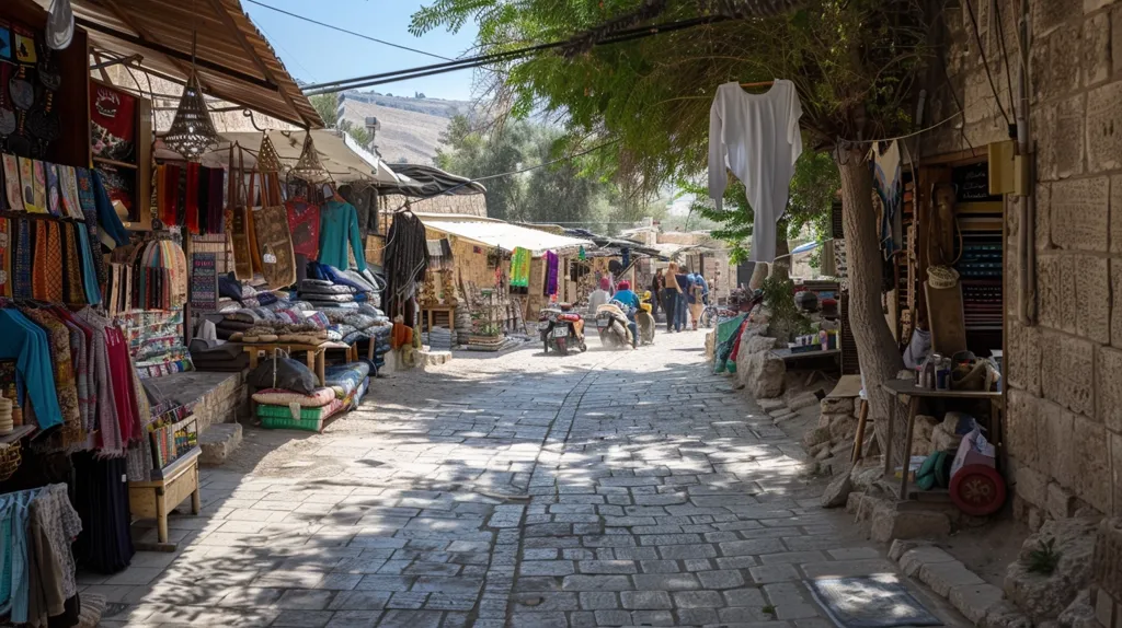 A narrow cobblestone street in a bustling marketplace, lined with shops selling colorful textiles and handcrafted goods. People stroll through the street, some on motorbikes, creating a vibrant scene.  The sun casts long shadows, adding to the sense of depth and perspective. The backdrop features a lush green hillside, creating a charming contrast with the urban setting.