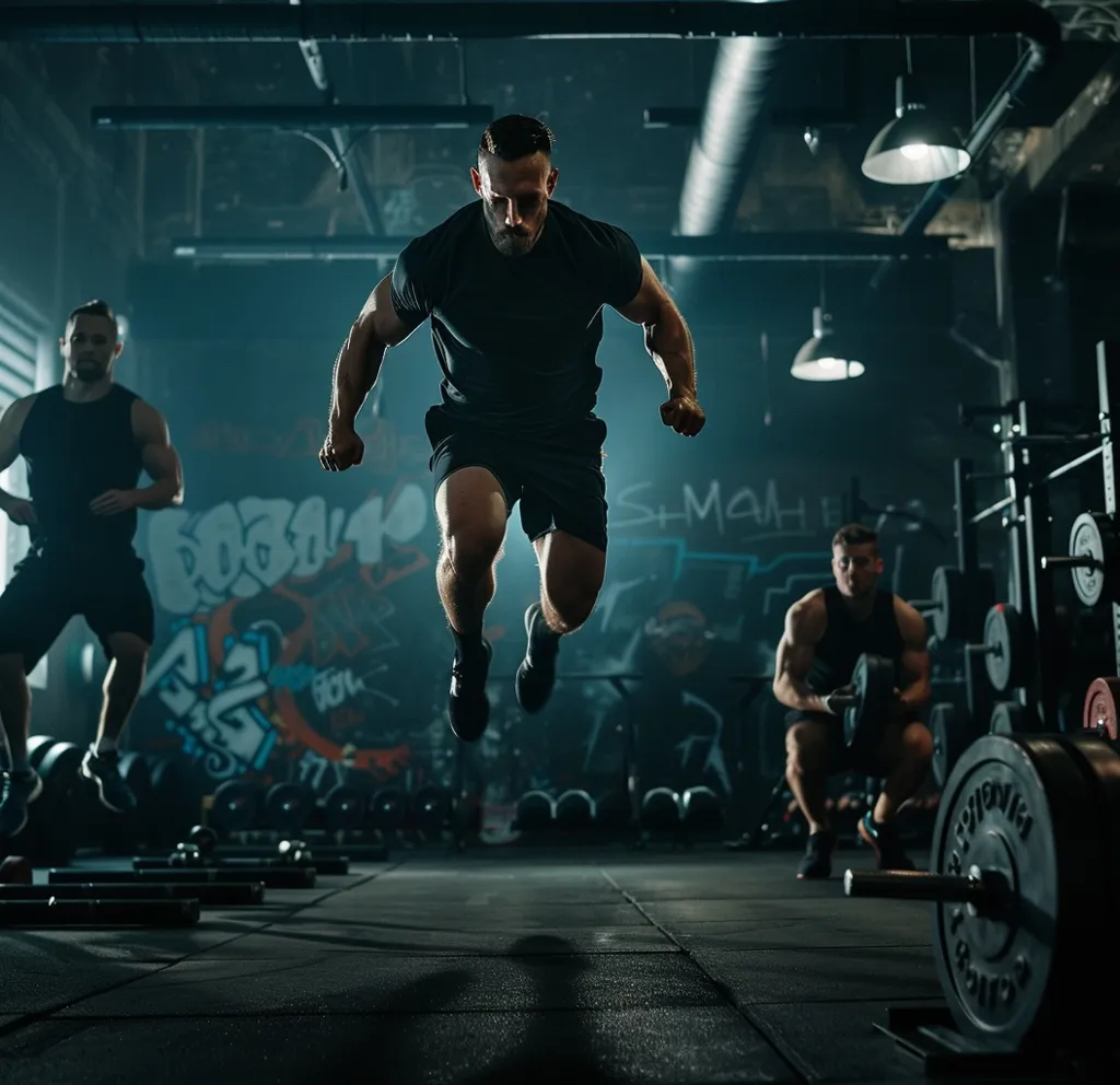 A man in black sportswear is mid-air during a jump in a dark, industrial-style gym. He appears to be performing a plyometric exercise. Another man is visible in the background, performing weight training with a barbell. The gym features graffiti on the walls and a variety of workout equipment. The lighting is dramatic, casting strong shadows and highlighting the subjects. The image conveys a sense of power, focus, and determination.