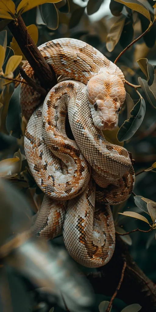 A brown and white snake with a patterned, scaly skin wraps itself around a tree branch. It is resting in a tangled mass of leaves, with its head resting on the branch. The snake's eyes are closed, and its body is relaxed. The snake is in a natural environment, surrounded by lush greenery.