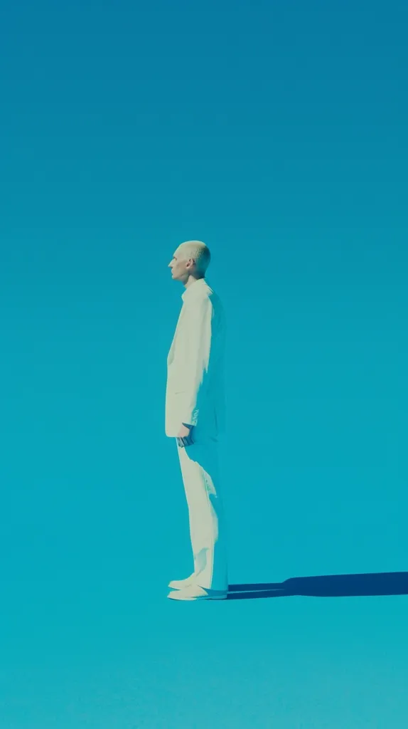 A person is standing in a white suit against a bright blue background. They are facing to the left of the image and are looking off into the distance. The person's shadow stretches out towards the right of the image. The overall mood is one of solitude and introspection.