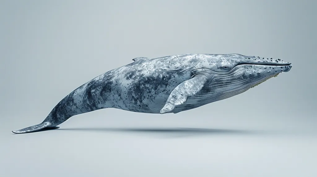 A humpback whale is depicted in a side profile, suspended in mid-air against a plain white background. The whale is rendered in a realistic style, showcasing its gray and white mottled skin, prominent flippers, and distinctive baleen plates. The composition emphasizes the whale's majestic size and graceful form.