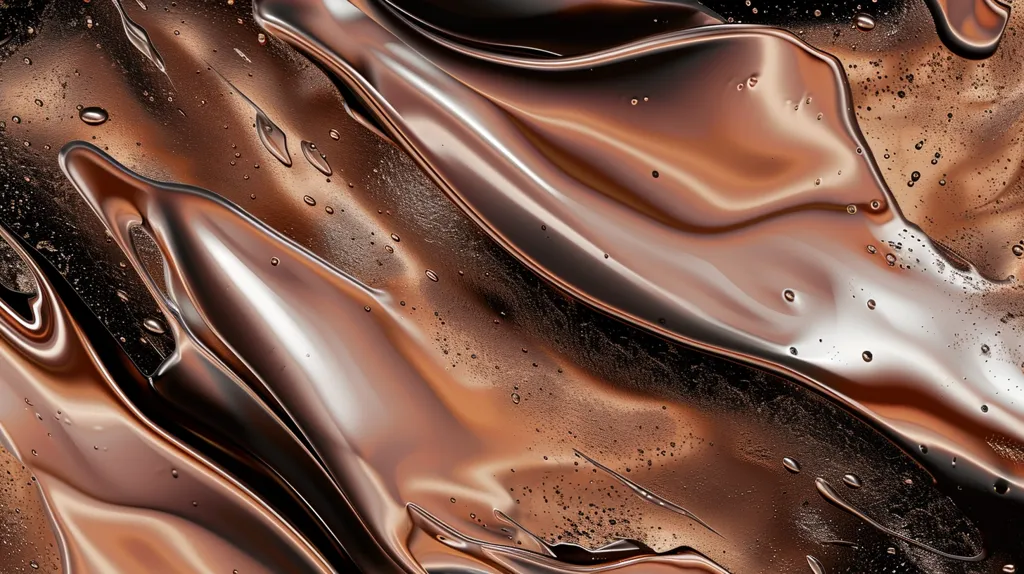 A close-up abstract image of liquid that looks like melted chocolate or caramel, with light reflecting on the surface and creating ripples and waves. The liquid is scattered with small air bubbles. The colors are warm browns and blacks.