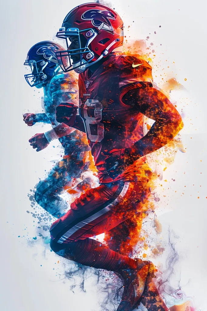 Two American football players are shown in a dynamic pose, running and in mid-stride. They are enveloped in a burst of colorful smoke and paint splatter, creating a vibrant and energetic visual. The player in the foreground is wearing a red jersey, helmet, and pants, while the player in the background wears blue and black. The image evokes a sense of action and power.