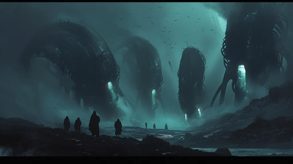 The image depicts a dark and eerie scene with several large, looming figures emerging from a mist-filled landscape. The figures appear to be organic in nature, with tendrils and a glowing green light emanating from their bodies. In the foreground, a group of five figures stand on a rocky beach, looking up at the looming presences with a mix of fear and fascination. The atmosphere is one of mystery and dread, suggesting an impending threat or a confrontation between the two groups. The scene is bathed in a cool, blue-green light, which adds to the sense of unease.