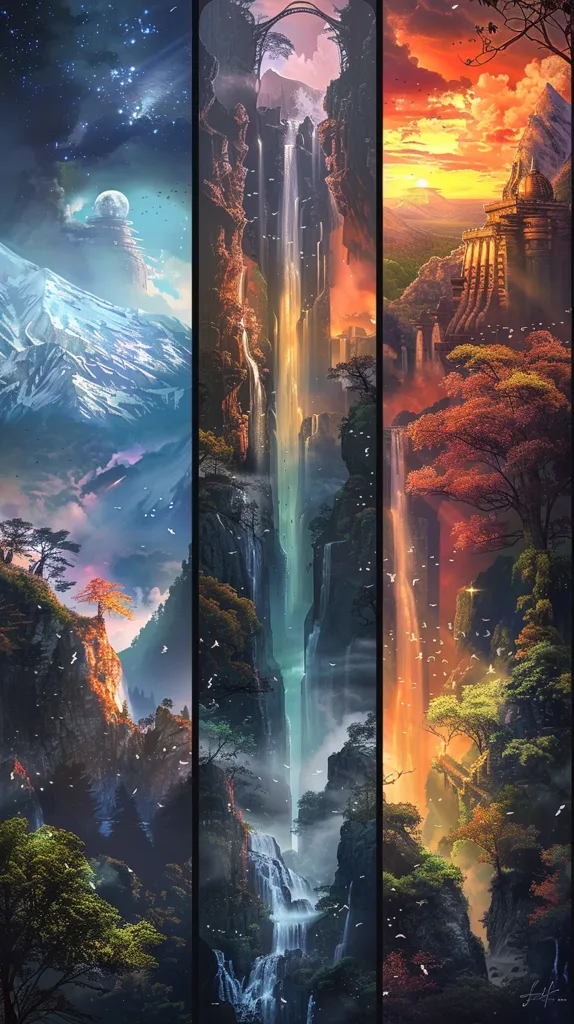 The image is a three-panel artwork depicting a fantastical landscape. The left panel showcases a snowy mountain range under a starry night sky, with a moon in the distance. The middle panel features a towering waterfall cascading through a lush, green canyon. The right panel shows a fiery sunset over a forested valley with a stone structure in the distance. All three panels are interconnected by the waterfall, creating a sense of continuity and wonder.  The artwork is filled with vibrant colors and intricate details, hinting at a magical and enchanting world.