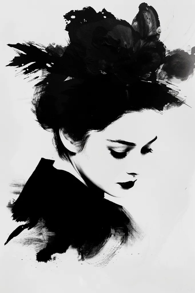 The image is a black and white portrait of a woman with dark hair and a flower in her hair. Her face is partially obscured by shadows, and she is looking down. The image is painted in a loose, gestural style. The overall effect is one of mystery and intrigue. The use of black and white creates a sense of drama and depth. The artist's brushstrokes are visible, which adds a sense of texture and movement. The image is both beautiful and evocative.