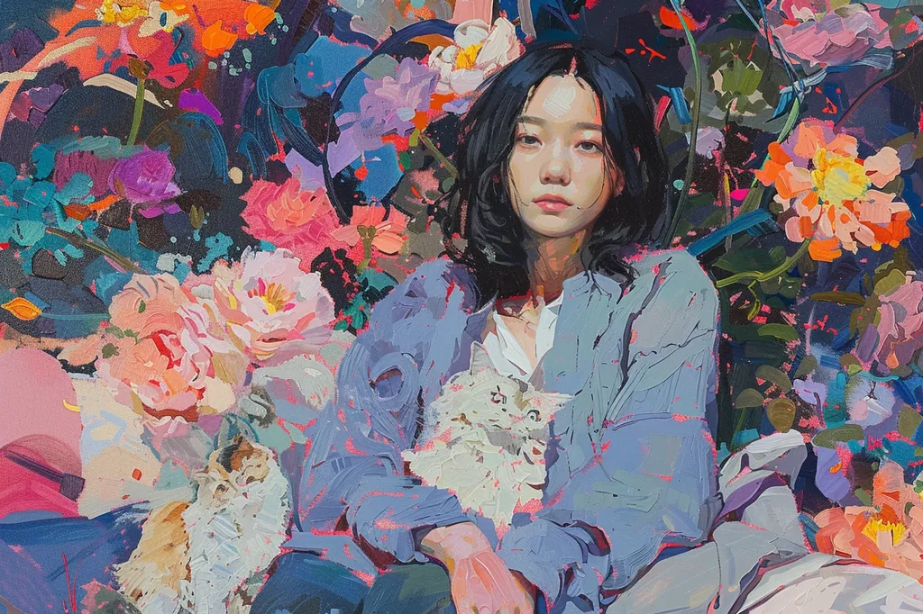 A young woman with long black hair sits amongst a vibrant field of flowers. She wears a light blue jacket and holds a white cat in her lap. The painting features a palette of soft pinks, vibrant reds, and lush greens, creating a sense of warmth and tranquility. The woman's serene expression and the surrounding nature suggest a moment of peace and solitude.