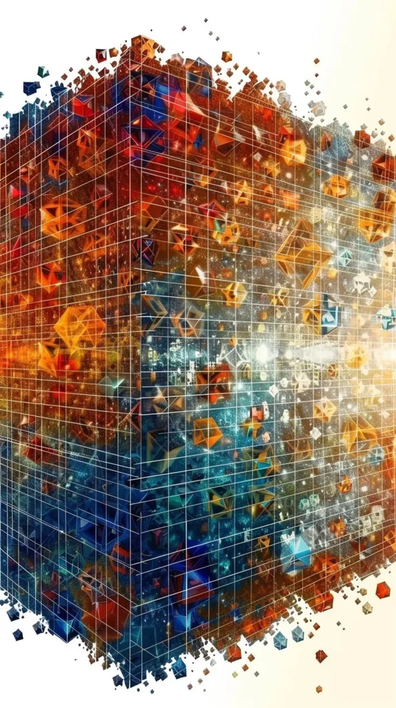 The image depicts a 3D cube made of a grid of squares.  The cube is filled with a multitude of colorful geometric shapes that appear to be bursting out of its edges.  The background is a soft white with scattered squares, creating a sense of depth and movement.  The colors are vibrant and blend together seamlessly.  The overall effect is one of energy, complexity, and interconnectedness.