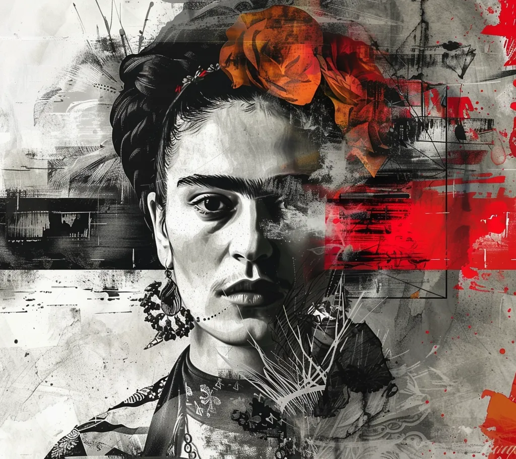 The image is a portrait of Frida Kahlo, a famous Mexican artist. The painting is done in a stylized, abstract manner with a bold red and black color scheme. A large red rose is featured on her head, a symbol of her identity. The image captures her strong and powerful gaze, her unique beauty, and the artistic spirit she embodied. The background is a textured mix of gray, black, and white, adding to the overall abstract feel of the painting.