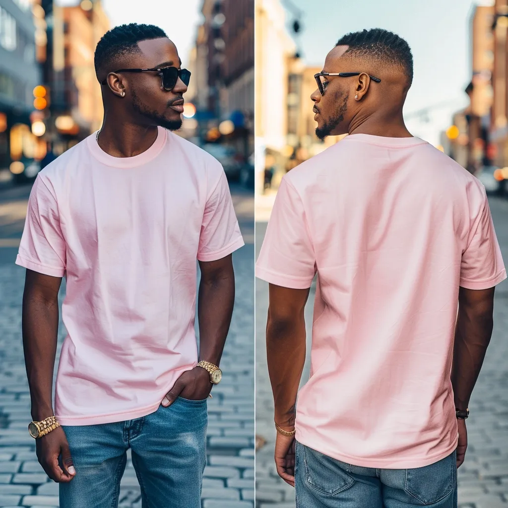 A man in a pink t-shirt and blue jeans is standing on a cobblestone street. He is wearing sunglasses and a gold watch. The image is split into two halves, showing the front and back of the man. The background is a blurred city scene.