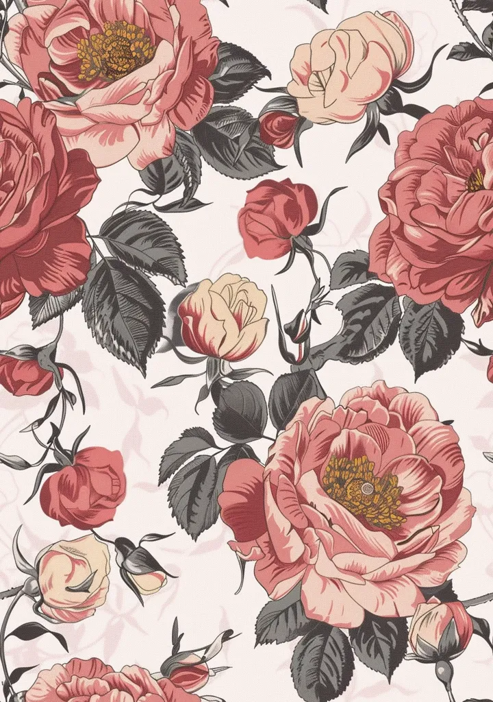A delicate floral pattern featuring pink and red roses, buds, and leaves on a cream background. The roses are rendered in detail, with intricate petals and a focus on the center stamen. The leaves are dark green, providing a contrast to the soft pink tones. The overall effect is one of romanticism and elegance.