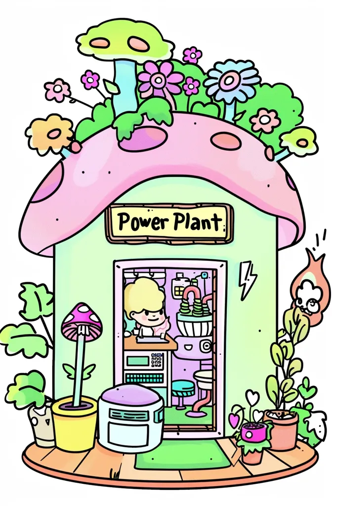A whimsical power plant shaped like a mushroom with a pink roof and green walls. A blonde-haired person stands behind a counter inside the plant, and there is a small stool and a machine with tubes. The building is surrounded by flowers and plants, and there is a lightning bolt drawn next to it. The image is drawn in a cartoon style with bright colors.
