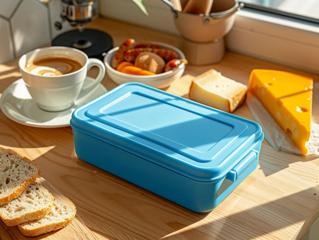 A blue rectangular lunchbox sits on a wooden table, with a cup of coffee and a plate of bread in the foreground. In the background, a bowl of food, a block of cheese, and a yellow slice of cheese on a paper napkin can be seen. The image captures a simple, everyday scene of a lunch break.