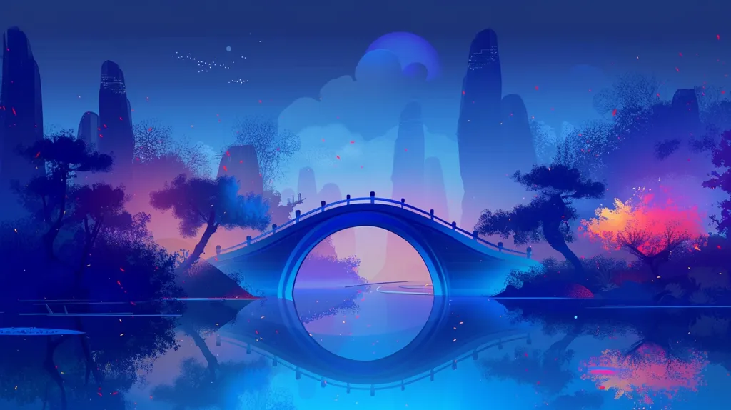 The image is a digital painting of a tranquil landscape. A blue arched bridge spans a still body of water, reflecting the bridge and the surrounding scenery. Tall, slender rock formations rise in the background, while trees and foliage line the edges of the water. The sky is a vibrant blue with a hint of pink at the horizon. A large, hazy moon hangs in the sky, illuminating the scene. The overall atmosphere is serene and dreamlike, evoking a sense of peace and tranquility.