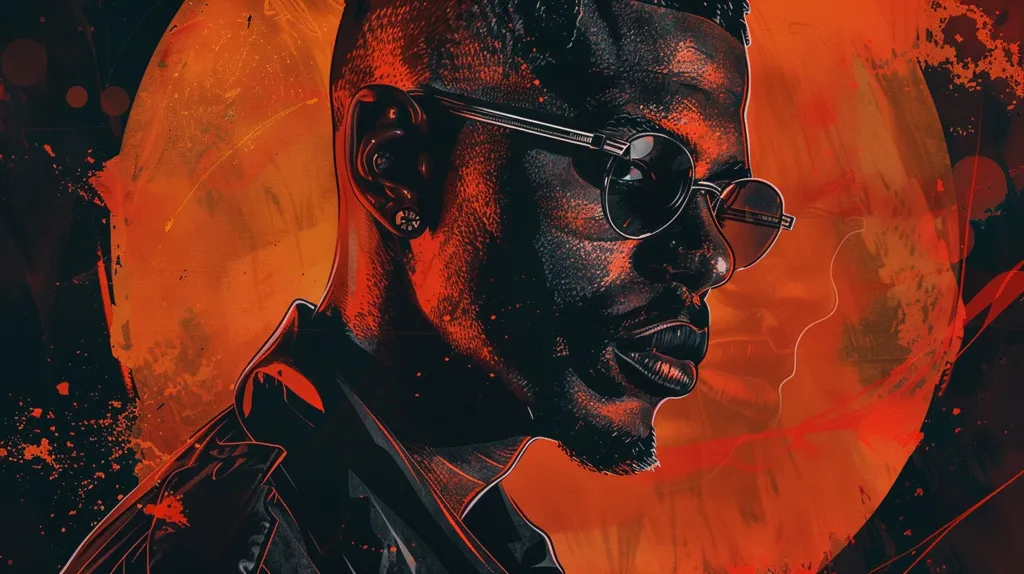 The image is a close-up portrait of a man wearing sunglasses. The man's face is partially obscured by the sunglasses, and he is looking off to the side. The background is a blurry, abstract image of red and orange colors. The image has a dark and moody atmosphere.  The man appears to be in thought, or perhaps lost in a memory.  The colors and lighting create a sense of mystery and intrigue.
