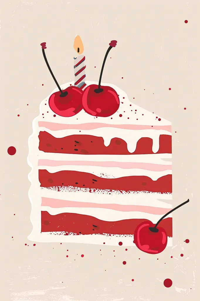 A slice of red velvet cake with white frosting and red cherries on top. A lit, striped candle sits between the two cherries. The cake sits on a tan background with red splatters.  The image is stylized with a rough, textured look.