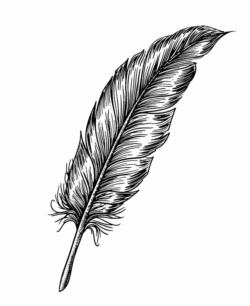 The image shows a detailed black and white drawing of a single feather. The feather is drawn with intricate lines and shading, highlighting its delicate texture and form. The quill of the feather extends downwards, suggesting a sense of graceful writing or artistry. The overall image evokes a sense of elegance and natural beauty.