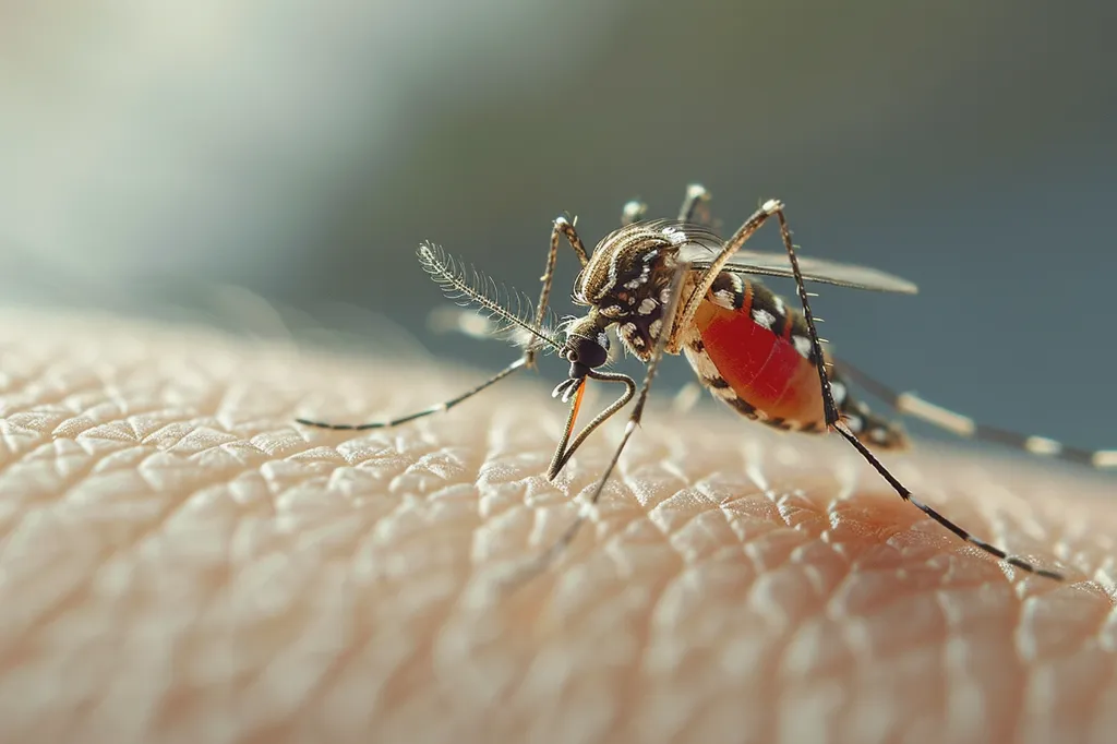 A close-up shot of a mosquito, its long legs extended, as it feeds on a human's skin. The mosquito's body is black and white, with a red abdomen. The skin is smooth and pale, with fine wrinkles. The image focuses on the mosquito's feeding process and highlights its tiny size compared to the human body.