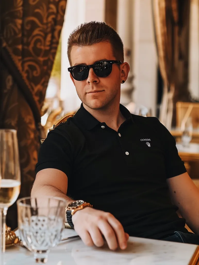 A young man with short brown hair and sunglasses sits at a table, wearing a black polo shirt and a gold watch. He has a serious expression and his hand rests on the table. There is a glass of wine and an empty glass on the table. The background is blurry and features a patterned curtain and a white wall. The man is seated in a well-lit indoor space.