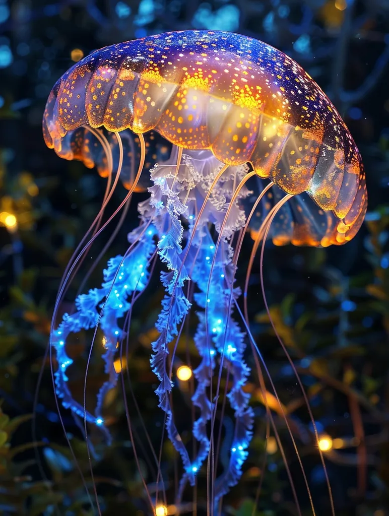 A bioluminescent jellyfish with a golden-orange dome adorned with tiny blue dots hangs in the water. Its long, translucent tentacles, fringed with blue, ripple like a curtain. The jellyfish is illuminated by soft, warm light, creating a magical and ethereal scene.