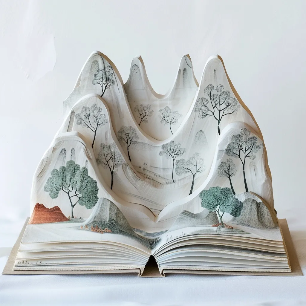 A book transformed into a 3D landscape, with sculpted mountains and trees emerging from the pages.  The delicate paper folds create a sense of depth and realism, inviting the viewer to imagine a fantastical world within the pages. The soft color palette adds a touch of tranquility to the scene.