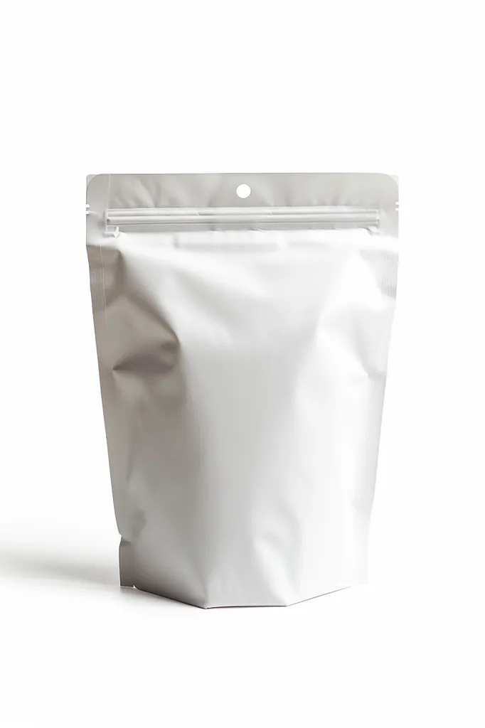 The image shows a white stand-up pouch with a zipper closure. The pouch is empty and has a smooth, shiny surface. It is isolated on a white background, making it a perfect mock-up for various products.  The pouch is slightly crumpled, giving it a casual, everyday look.  A small hole is visible near the top of the pouch, suggesting it could be hung or displayed.  The pouch is ideal for packaging various goods, from food to personal care items.