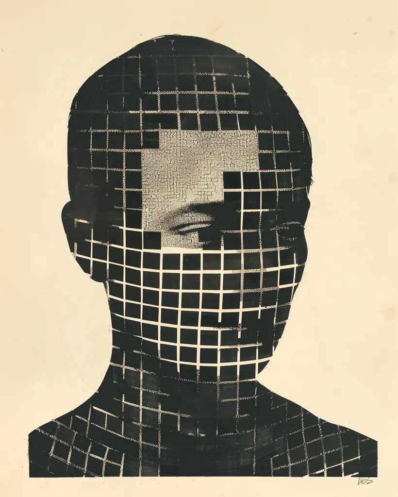 The image is a black and white portrait of a person. The person's head is obscured by a black grid pattern. The grid pattern is made up of many small squares, and it is superimposed over the person's face.  The image is a stark contrast of light and dark, and it creates a sense of mystery and intrigue.  The person's identity is hidden, but the grid pattern suggests that they are somehow connected to technology or data.  The image could be interpreted as a comment on the way that technology is increasingly affecting our lives, and how it can both connect and isolate us.