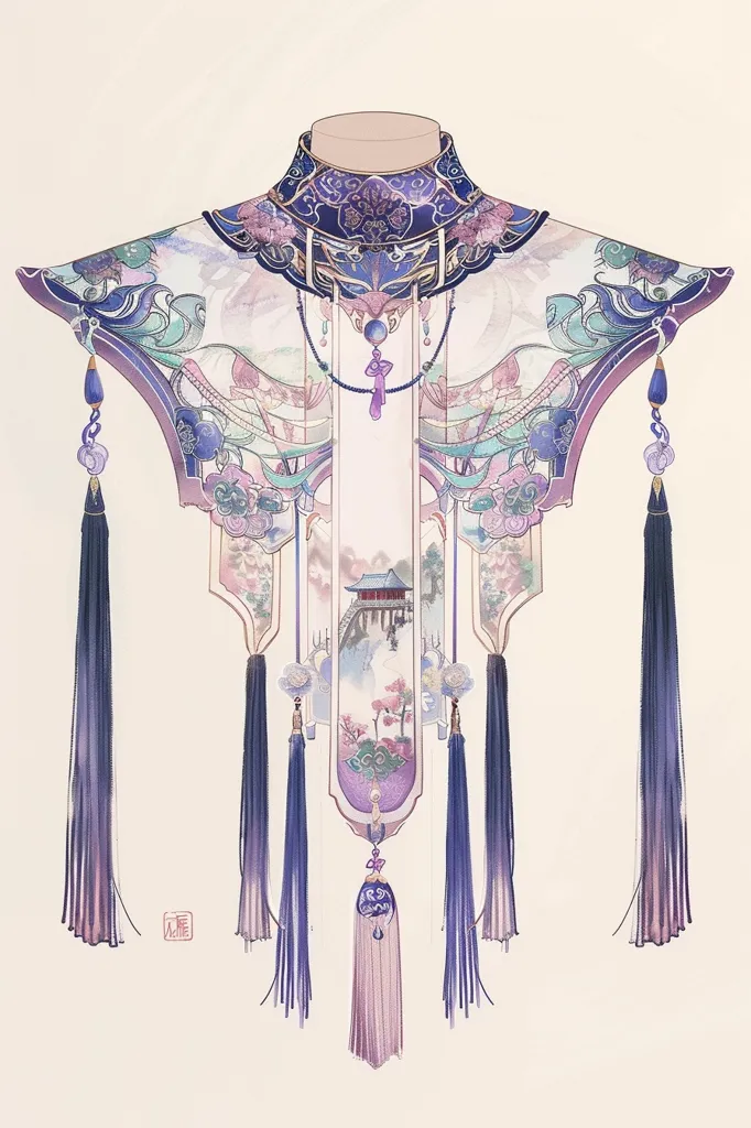 The image depicts a detailed, ornate Chinese collar, likely for a traditional garment. It is a vibrant piece with intricate designs of floral patterns, geometric shapes, and a small scene of a bridge and pagoda within the collar. Long, flowing tassels hang from the bottom, adding a touch of elegance and movement. The overall design is elaborate and visually striking, showcasing the craftsmanship and beauty of Chinese traditional attire.