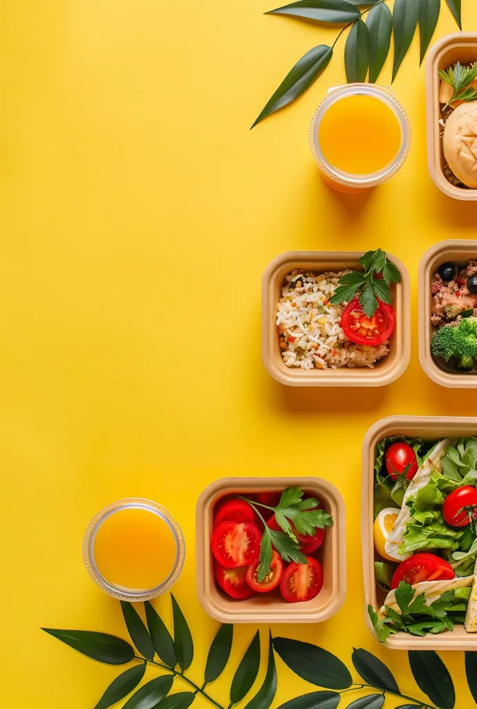 A yellow background is adorned with four takeaway containers, each filled with a different healthy meal. Two containers hold salads with cherry tomatoes, one contains a hearty grain dish with herbs and tomatoes, and the other has a pasta salad with green leaves and cherry tomatoes. A glass of orange juice rests between two of the containers, and green leaves from a leafy plant sprawl across the bottom of the frame. The scene evokes a sense of freshness and healthy eating.