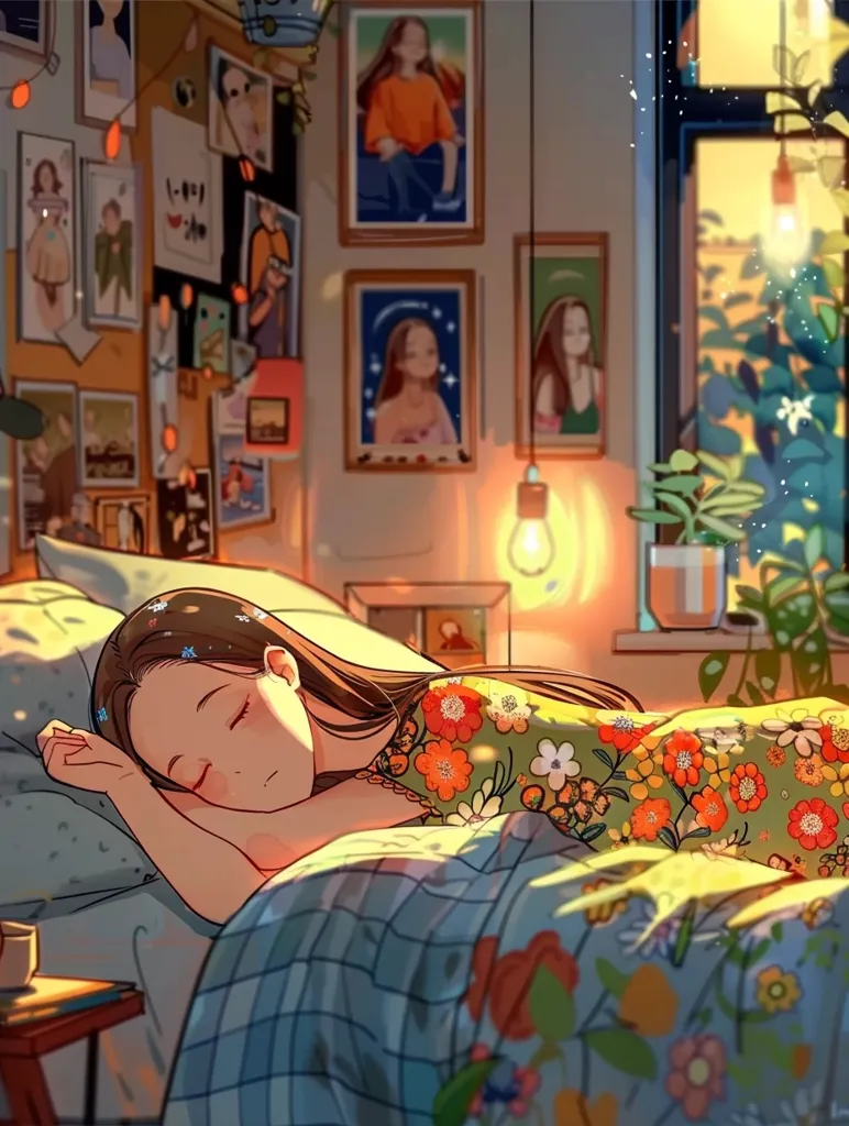 The image depicts a young woman with long brown hair sleeping peacefully in a bed with a colorful floral duvet. She is wearing a green and orange floral dress. The room is filled with sunlight, and there are framed pictures on the wall and a potted plant on the windowsill. The overall atmosphere is serene and calming.