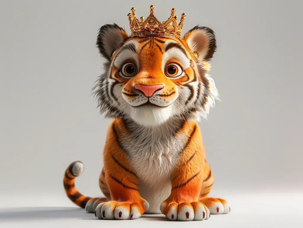 A cartoon tiger cub sits on a light grey background. It has large, round eyes, a pink nose, and a fluffy tail. The tiger is wearing a golden crown. The image is well-lit and the tiger is the main focus. The tiger's expression is one of innocence and sweetness. The image is likely intended to be cute and appealing to children.