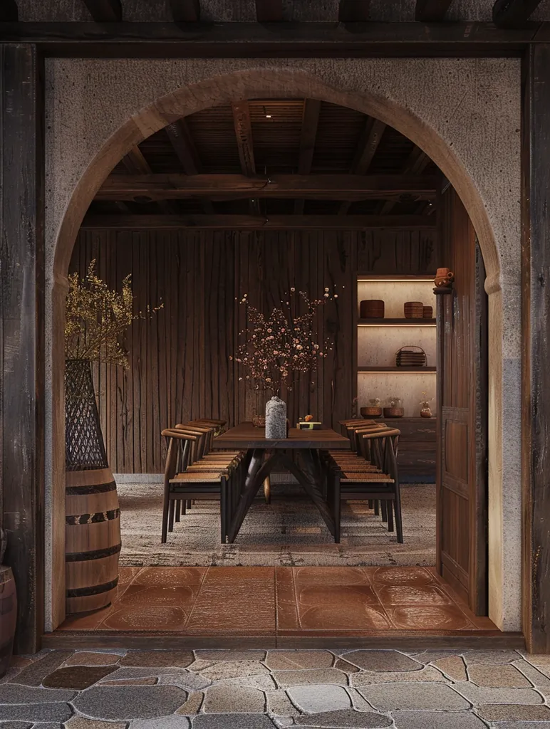 A rustic dining room with a wooden table and chairs is seen through an arched doorway. The room features a dark wooden ceiling and walls with a decorative wooden paneling. A large barrel sits near the doorway and flowering branches decorate the table. A stone floor is seen outside the doorway.