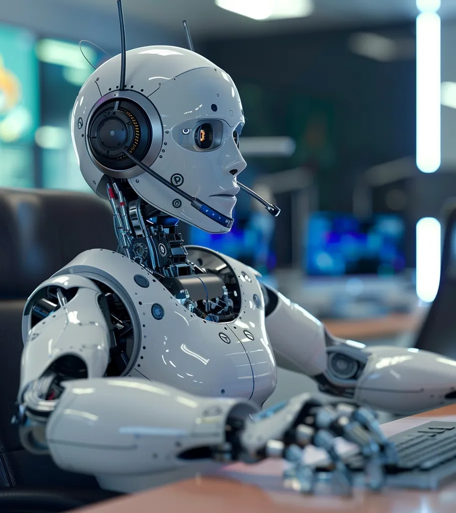 A humanoid robot with a white, glossy exterior and a headset is sitting at a desk, typing on a keyboard. The robot's mechanical parts are visible, particularly on its arms. The background is a blurry office space with bright lights and some monitors. The robot is focused on its task, showcasing the potential for automation in various fields.