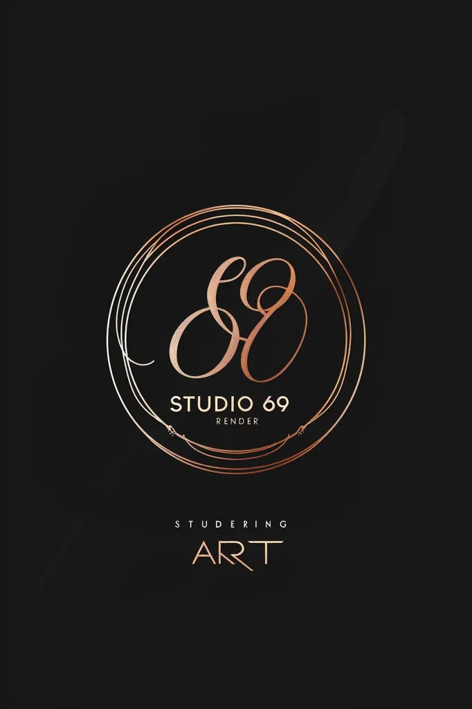 The image is a logo for a company called "Studio 69 Render". The logo is a stylized "69" enclosed in a double circle with a copper metallic finish. The word "Studio 69 Render" is written below the circle, and "studering art" is written below that. The background is a dark, almost black color. The image has a modern and stylish look.