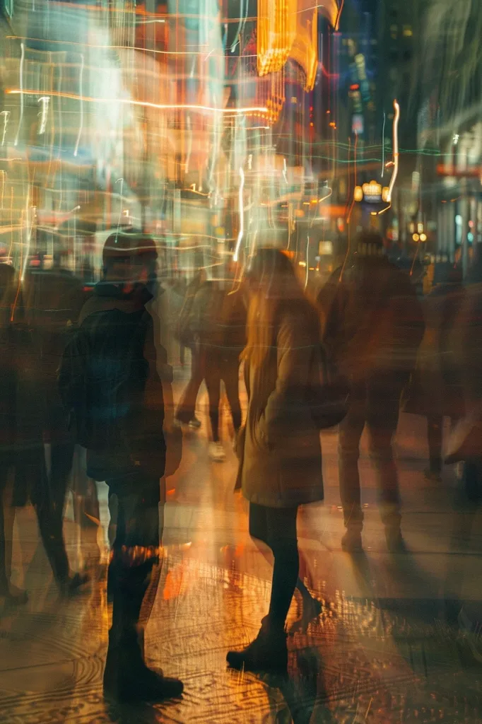 The image captures a blurred scene of people walking through a city at night. The background is a chaotic mix of street lights and building reflections, creating a sense of motion and energy.  A couple stands out in the foreground, their figures partially obscured by the blur, adding to the mysterious and captivating atmosphere.  The overall effect is dreamy and evocative, leaving the viewer with a feeling of wonder and intrigue.
