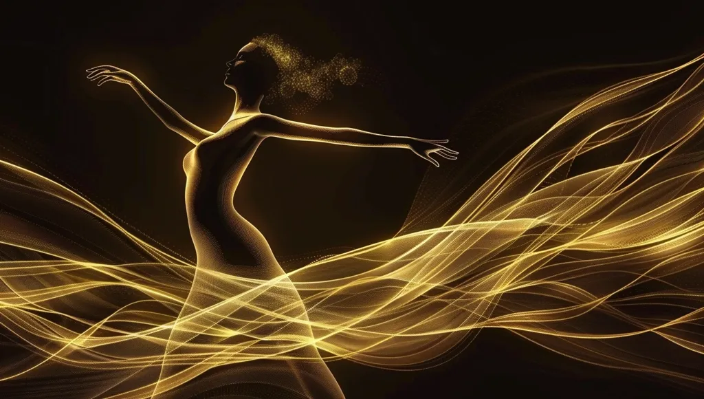The image depicts a silhouette of a woman in a flowing golden dress, surrounded by shimmering, abstract lines of light. The woman's pose is elegant and graceful, with her arms outstretched as if she is dancing. The overall effect is one of ethereal beauty and movement, with the golden light illuminating the figure and creating a sense of magic.  The image is suggestive of a dreamlike or fantastical setting, emphasizing the woman's beauty and grace.