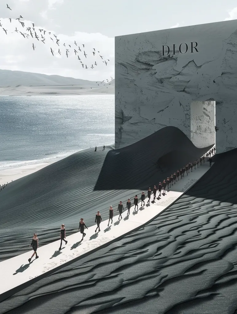 A long line of people in black dresses walk along a narrow path carved into a sand dune. The path leads to a large, rectangular structure with the word "DIOR" etched into it. A flock of birds flies overhead, and a vast expanse of water can be seen in the distance. The overall image is stark and monochromatic, creating a sense of mystery and intrigue.