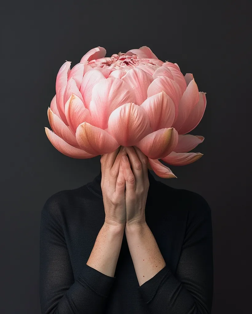 A person in a black turtleneck sweater is holding a large, pink flower in front of their face, covering their head and eyes. The flower has delicate, layered petals and a soft, peachy hue. The dark background emphasizes the flower's beauty and the person's obscured features, creating a sense of mystery and intrigue. The image evokes a sense of vulnerability and the power of nature.