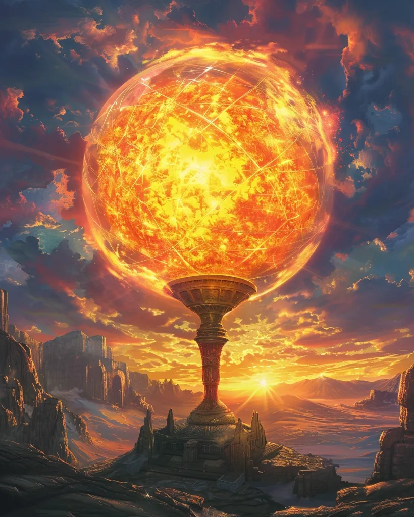 A golden chalice, a celestial goblet, holds a blazing sphere of fire, radiating light and warmth across a desolate desert landscape. The sky is a vibrant orange and yellow, with clouds swirling around the glowing orb. The scene is a stunning mix of fantasy and celestial beauty, evoking a sense of wonder and the power of the divine.