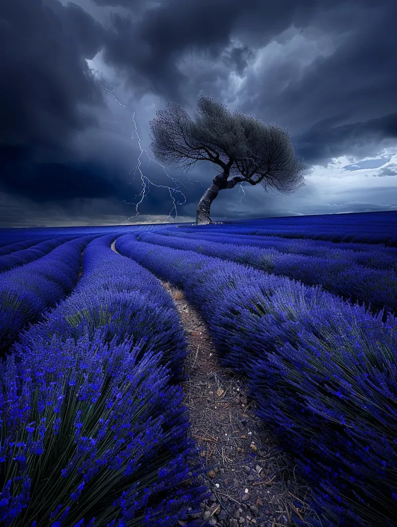 A lone tree stands in a field of lavender, its branches reaching up towards a stormy sky. Lightning strikes illuminate the dark clouds overhead, casting a dramatic glow on the scene. The path through the lavender field leads to the tree, inviting the viewer to explore. The purple hues of the flowers and the contrasting darkness of the storm create a sense of mystery and wonder.