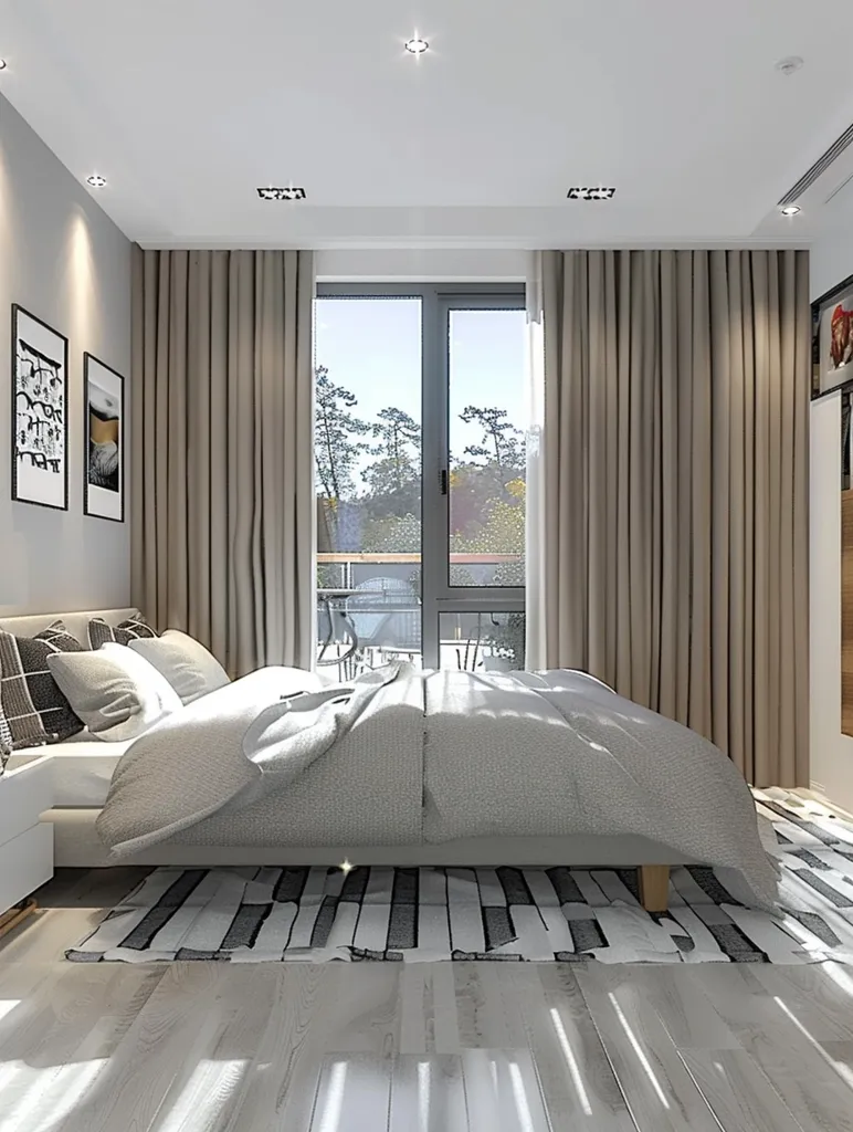 A modern bedroom with a large bed, white linens, and a patterned rug.  The room is painted in a light gray and features large windows with beige curtains that allow natural light to flood the space.  The room has a simple, clean design with a minimalist aesthetic.  The windows look out to a green wooded area.  There is a small nightstand to the left of the bed.  The room appears to be spacious and comfortable.