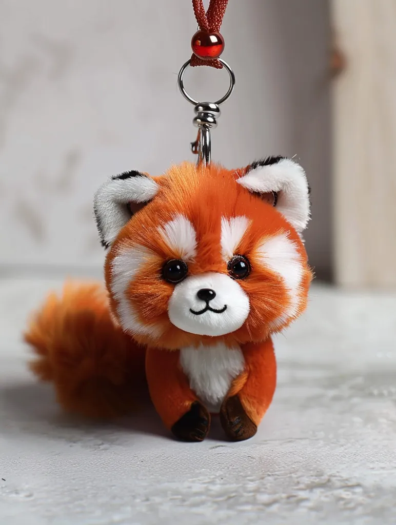 The image shows a red panda plushie keychain. It is a small, furry toy with a red and white body, black eyes, and a bushy tail. The plushie is attached to a silver key ring and red string with a bead. It is sitting on a white surface and its big eyes look up at the viewer. The plushie looks soft and cuddly.