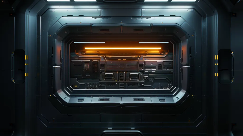 The image shows a futuristic, metallic doorway with a bright orange light emanating from the center. The door is made of dark metal panels with a sleek, minimalist design, featuring numerous small, rectangular panels and recessed details. The bright orange light illuminates the center of the doorway, highlighting the intricate design and suggesting a powerful source of energy or a hidden passageway. The overall image is dark and mysterious, creating a sense of anticipation and wonder.
