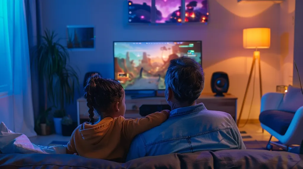 A man and a young girl are sitting on a couch, watching a video game on a large screen TV. The room is dimly lit, with a standing lamp casting a warm glow. The girl is sitting on the edge of the couch, while the man is sitting back with his arm around her.  They are both looking intently at the TV screen, as if they are engrossed in the game.  The image captures a moment of shared enjoyment and companionship.