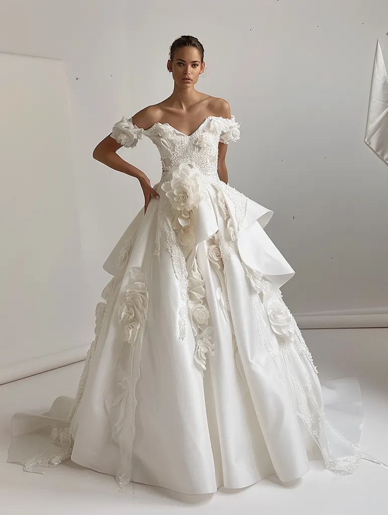 A woman stands in a white, flowing wedding dress adorned with delicate floral appliques and embellishments.  Her off-the-shoulder neckline and fitted bodice create a striking contrast with the voluminous skirt, which features layers of tulle and intricate details. Her confident pose and subtle smile suggest a sense of grace and elegance.
